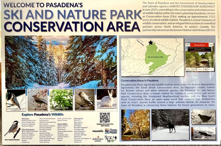 Pasadena's Ski and Nature Park Conservation Area sign, with a map of the area and photos of local wildlife
